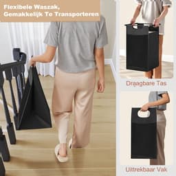 Vierdelige Wasmand 160L – 4 Wasmanden Naast Elkaar Met Metalen Frame en Opbergplank 116×33×72 cm – Wasgoed Organizer — thumbnail 3