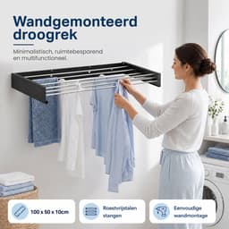 Avero® Wanddroogrek Inklapbaar XXL – 100cm – 6 Meter Drooglengte – Hangend – Droogrek Inklapbaar – Zwart — thumbnail 2