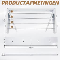 Droogrek Wandmontage - Uittrekbare Waslijn - Was Drogen - Ruimtebesparend Ontwerp - 60 cm - Wit — thumbnail 5