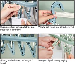 Sokkendroogrek met 32 ​​clips - Hangend kledingrek voor binnen en buiten - Opvouwbaar roterend droogrek voor sokken, ondergoed en kleine kleding - 35*32cm-Blauw — thumbnail 3