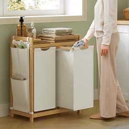 Dubbele compartiment wasmand Grote capaciteit 2x50L Voor gesorteerd opbergen Met plank, zijvak en afneembare waszak Stevig bamboe frame Voor thuis, slaapkamer en woonkamer 63x33x78cm naturel+wit — thumbnail 3