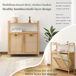 Grote Bamboe Wasmand - Kast Met Bakken - Kleding Sorteren - Uitneembare Stoffen Bakken - 97x30x72cm - Natuurlijk Bamboe — thumbnail 4