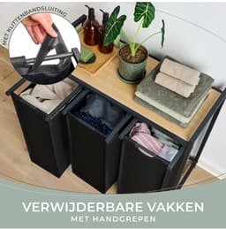 DnA® Wasmand 3 Vakken - Wasmand - Wassorteerder - Wasmand Met Deksel - Zwart - 36cm x 84cm x 73cm — thumbnail 2