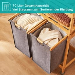 Bamboe Wasmand met Uittrekbare Zakken en Planken - Grijs - Voor Slaapkamer, Badkamer en Waskeuken — thumbnail 2