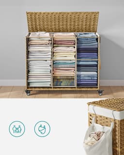 SONGMICS - Wasmand - Wasmand met Deksel - 3 Compartimenten - Met Wielen en Verwijderbare Waszak — thumbnail 5