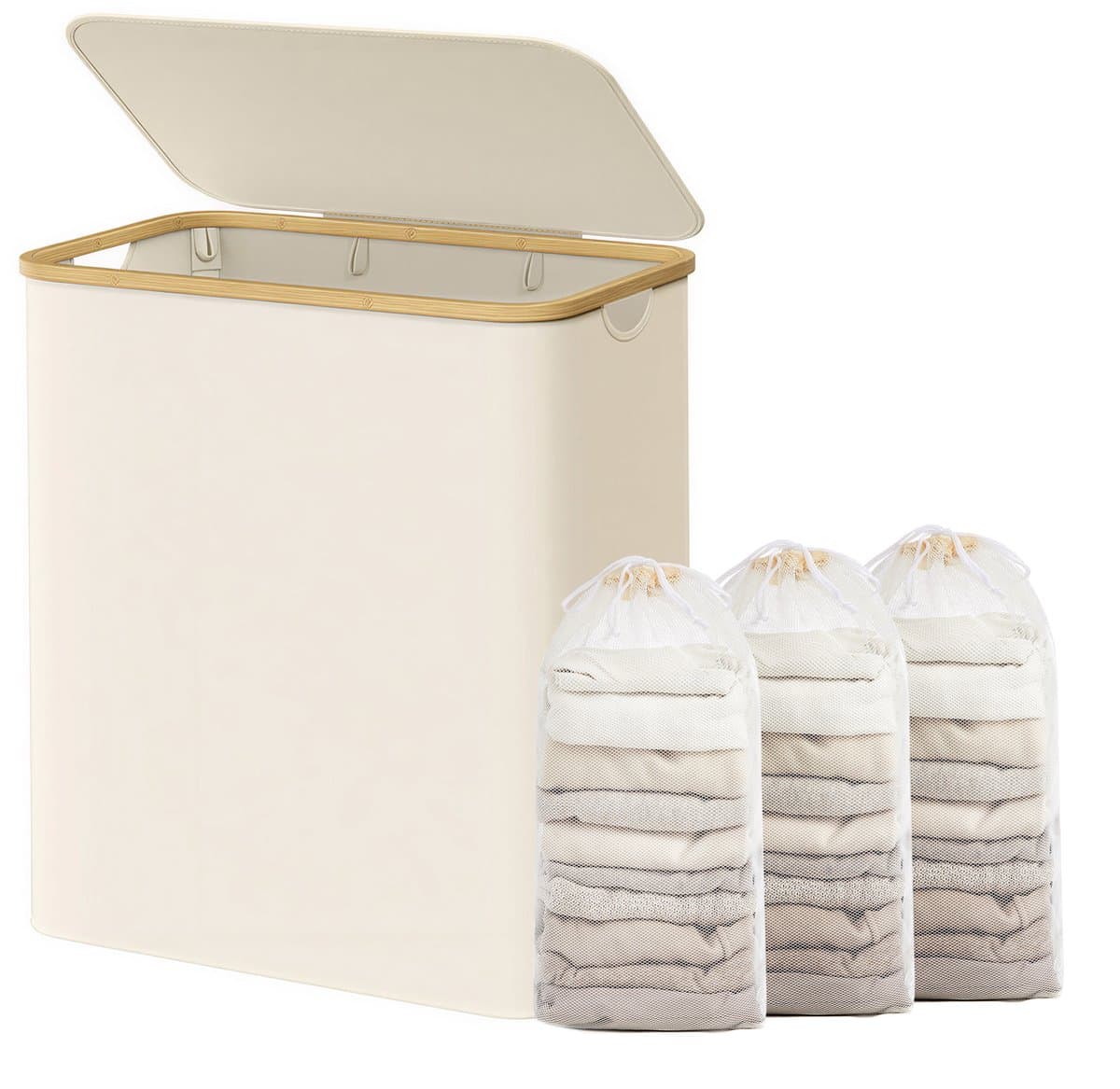 SONGMICS - Wasmand - Wasmand met Deksel - 3 Vakken - Uitneembare Waszak - Opvouwbaar — afbeelding 1