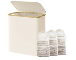 SONGMICS LCB515W01 - Wasmand met Deksel - 3 Vakken - Uitneembare Waszak - Opvouwbaar — afbeelding 1