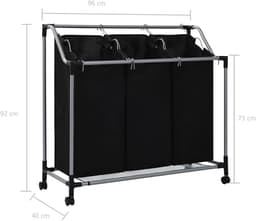 Wasmand met 3 Vakken en Wielen – Grote Was Sorteerder Stalen Frame — thumbnail 3