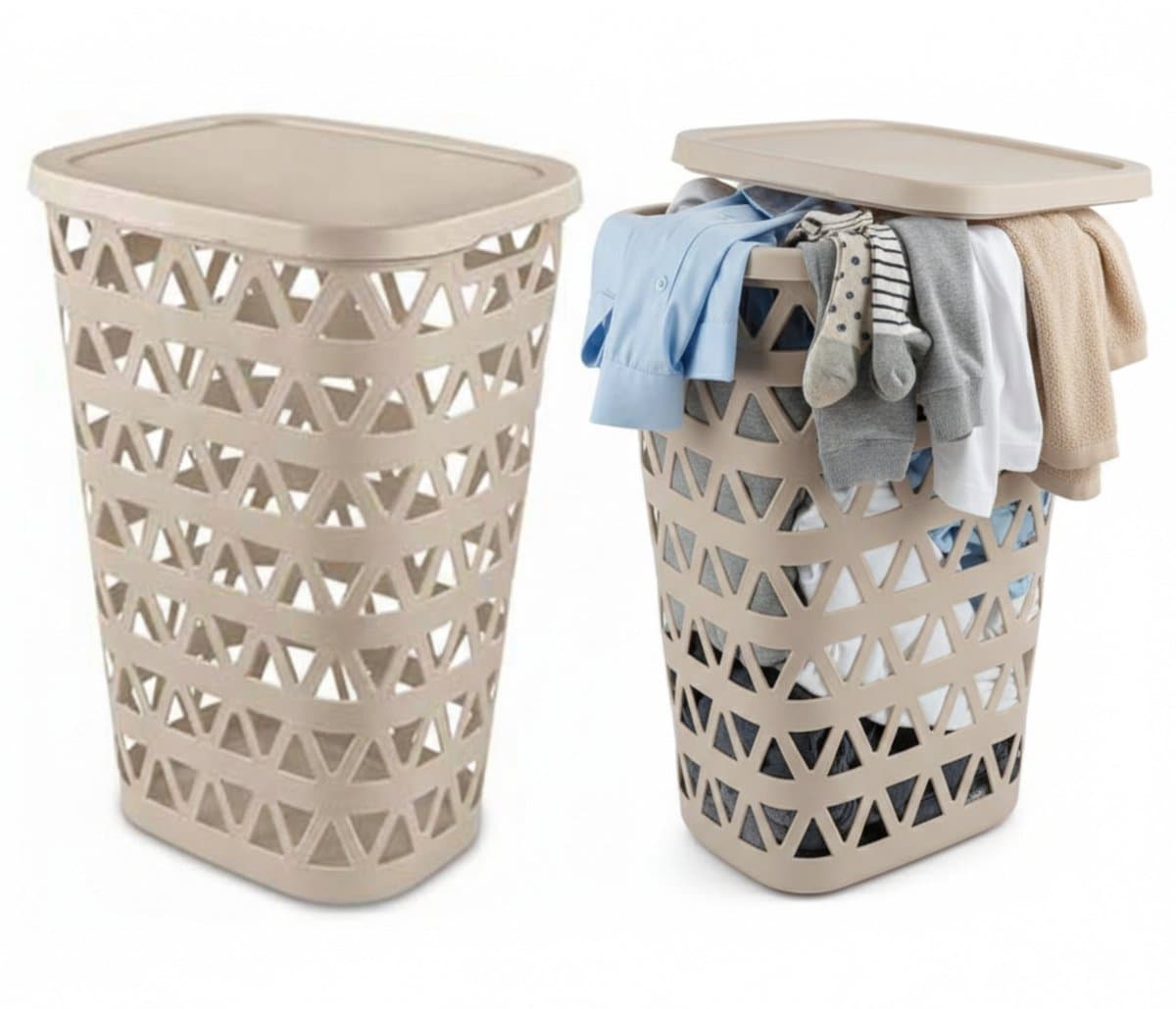 Curver Wasmand met deksel - 2x - ventilatiegaatjes - beige - kunststof - 55 ltr - 42 x 34 x 60 cm — afbeelding 1