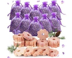 30 stuks mottenvallen voor kleding met ceder en lavendel - Natuurlijke mottenval met 20 ringen en 10 lavendelzakjes. Beschermt kleding effectief.