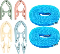 Travel Hanger and Portable Clothes Line - 4 Pcs Folding Hanger and 2 Pcs Windproof Clothesline for Outdoor Camping (PinkGreenBlueBeige) — thumbnail 1