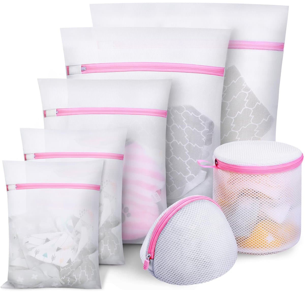Set van 7 waszakken, wasnetten, waszak bh wasmachine waszak voor delicate was, bh, blouse, ondergoed, schoenen, babykleding, waszak, etc. (roze, 1XL, 2L, 2M, 2BH) — afbeelding 1