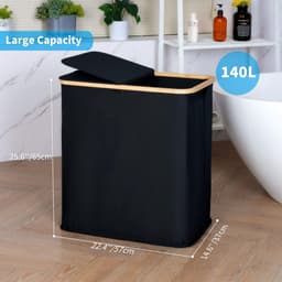 RFWR® Dubbele wasmand 140 l met deksel en 2 vakken - Grote wasverzamelaar voor het gehele gezin — thumbnail 3