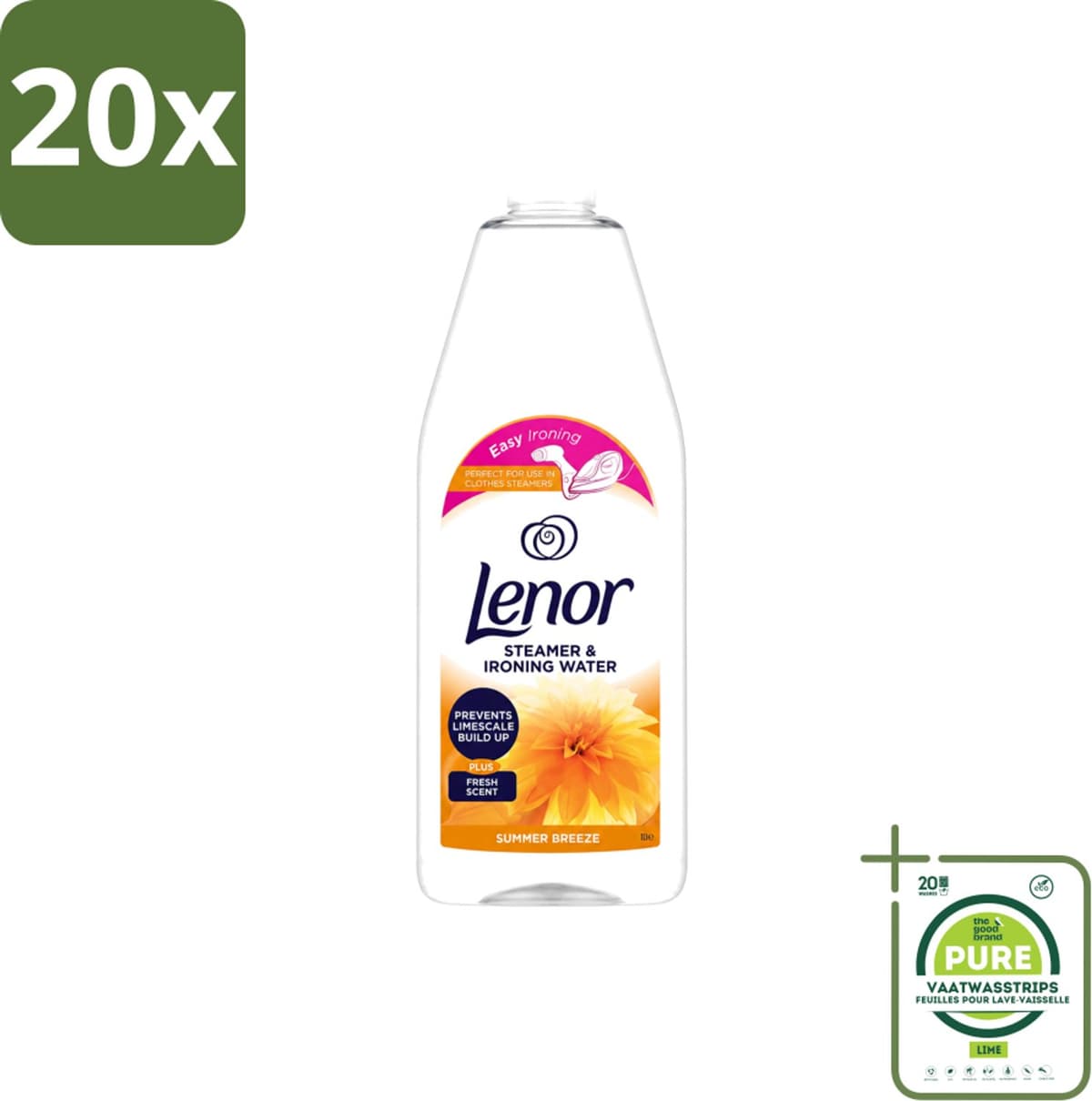 20 x Lenor - Strijkwater - Summer Breeze - Textielverfrisser - 1000 ml - Grootverpakking - Vaatwasstrips - Strijkwater - Zomerse Geur - Textielverfrisser - Wasgoed - Kledingverfrisser — afbeelding 1