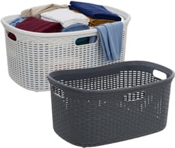 Wasmanden set van 2 - rotan - gevlochten - zwart / wit - kunststof - 40 liter - 59 x 38 x 27 cm — thumbnail 1