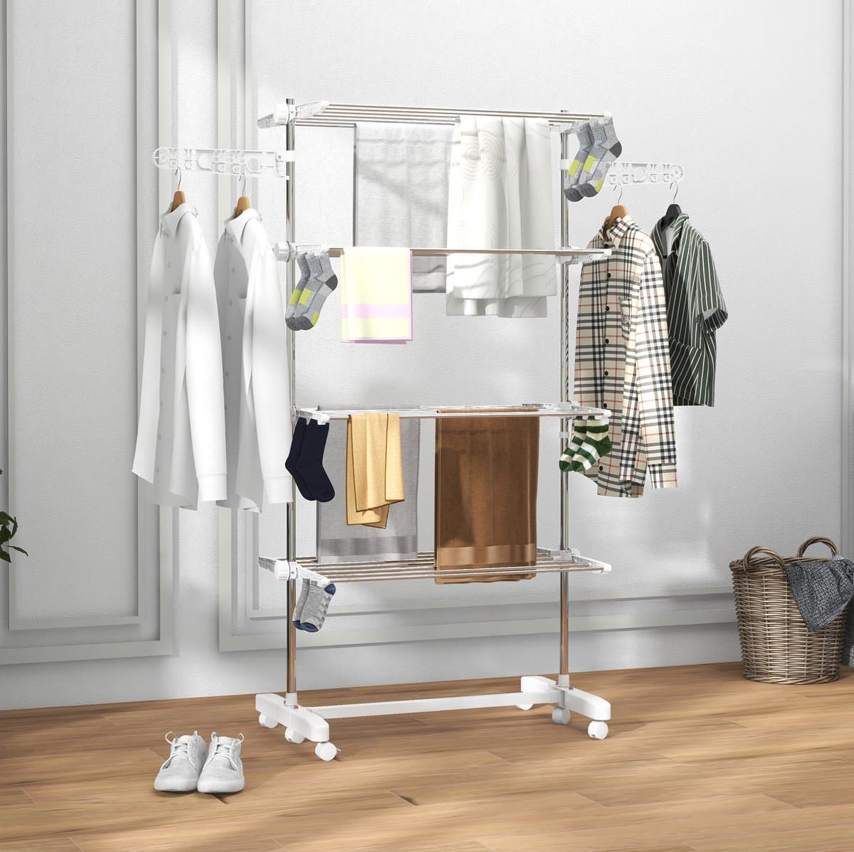 Modenuit Droogtoren – 142 x 55 x 172 cm – Opvouwbaar met 6 Wielen – Staal en Kunststof – Wit met Remmen — afbeelding 1