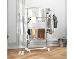 Modenuit Droogtoren – 142 x 55 x 172 cm – Opvouwbaar met 6 Wielen – Staal en Kunststof – Wit met Remmen
