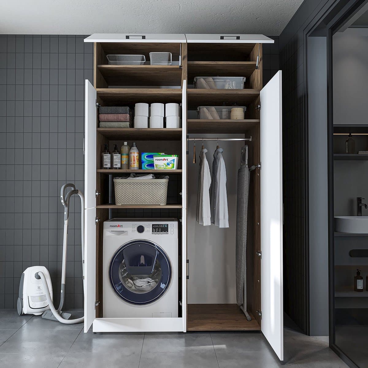 Roomart DORA-II Wasmachine Ombouwkast 130x230 cm met Opzetkast - Wit Eiken — afbeelding 1