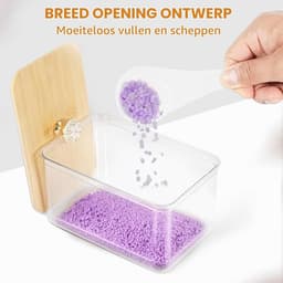 Set van 4 waspods container en droger bladhouder - doorzichtige plastic wasruimte organisatie opslagcontainers met deksels, schepjes en etiketten voor wasmiddelpods, poeder, waskralen, geurboosters — thumbnail 2
