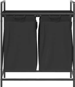 Wasmand – Laundry Basket – Wasbox – Wascontainer – Wasrek – 2 Compartimenten – Stevig Stalen Frame met Houtlook Opbergrek — thumbnail 3