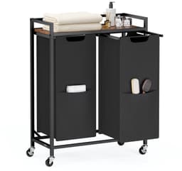 Klarven® Wasmand Inktzwart - Verrijdbare Wasmand - Wasmanden - Laundry Cart - 2 Vakken, Verwijderbare Waszakken - Met Plank en Wielen - 63x32x93cm — thumbnail 1