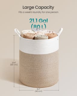 Opbergmand 80L, Wasmand 40x40x60 cm Wit Grijsbruin, Katoenen Katoenkoord Mand met Handgrepen, Grote Wasmand voor Kinderen en Gezin, Wasmandje Speelgoedmand Dekkenmand Kledingmand voor Woonkamer Slaapkamer Kinderkamer — thumbnail 2