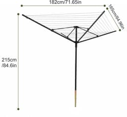 Wishdor Droogmolen 50 meter - 360 graden draaibaar - Met metalen grondpen en beschermhoes - In hoogte verstelbaar - Voor tuin en buiten - Metaal - Zwart - 182 x 165 x 215 cm — thumbnail 2