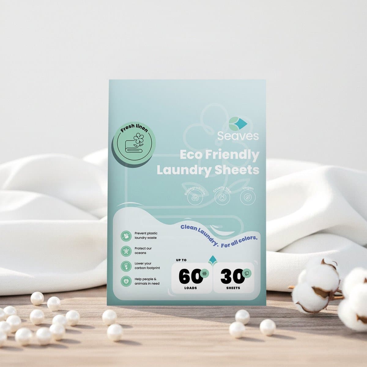 Seaves Wasstrips Fresh Linen - 60 Wasbeurten - Wasstrips Proefpakket - Wasmiddel doekjes - Wasvellen - Biologisch afbreekbaar - Plasticvrij — afbeelding 1