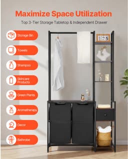 3-laags wasorganizer met rek, hoge wasmand met planken en vakken, vrijstaande opbergunit met 2 compartimenten, duurzame stoffen zakken en ladderplanken voor het sorteren van kleding — thumbnail 2