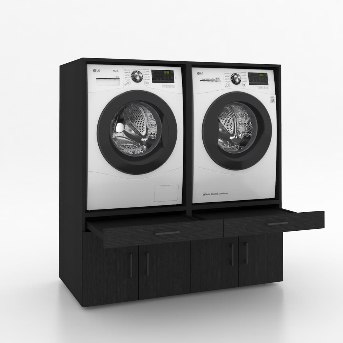 Wasmachinekast Dubbel 134x145x67cm | Ruimtebesparend & Super Stevig | Met Uitschuiflade | Voor Wasmachine en Droger | Zwart Eiken — afbeelding 1