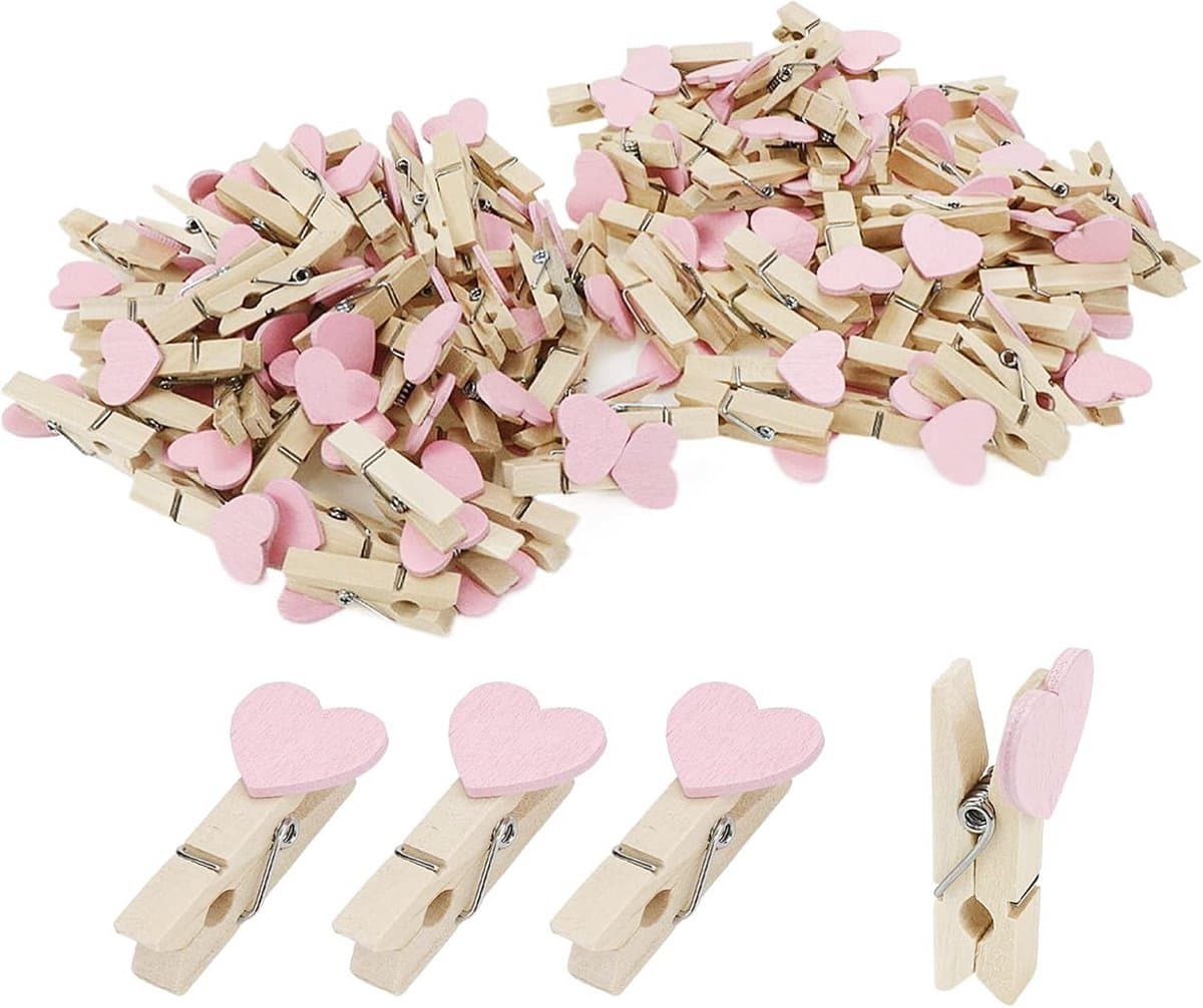 100x Mini Houten Wasknijpers Hartjes Roze - Decoratie Clips voor Foto's, Feest en Knutselen — afbeelding 1