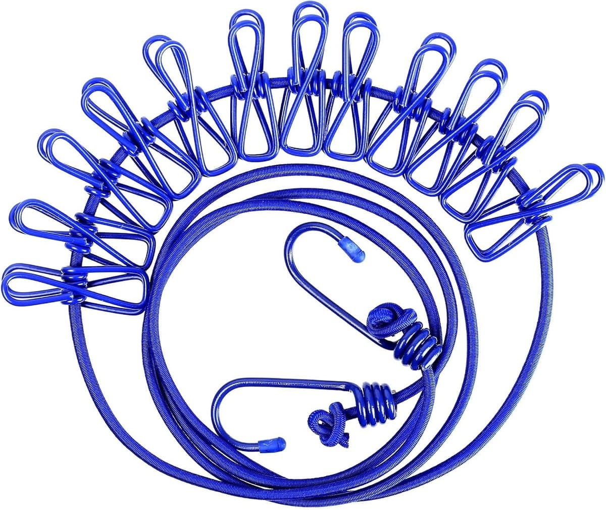 Waslijn uittrekbaar - Blauw - 174 cm - Elastisch met 12 Wasknijpers - Voor Reizen en Camping — afbeelding 1