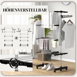 FloraGrace Droogtoren – 5 Niveaus – 142 x 55 x 172 cm – Roestvrij Staal – Zwart en Zilver – Inklapbaar voor Binnengebruik met Wielen — thumbnail 2