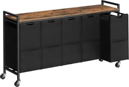Wassorteerder 5 secties, wasmand met wielen, 5 × 10,5 gallon (40 l), rollende wasmand, uittrekbare en verwijderbare Oxford-stoffen zakken, rustiek bruin en zwart BF07XY01 — thumbnail 1