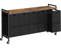 Wassorteerder 5 secties, wasmand met wielen, 5 × 10,5 gallon (40 l), rollende wasmand, uittrekbare en verwijderbare Oxford-stoffen zakken, rustiek bruin en zwart BF07XY01