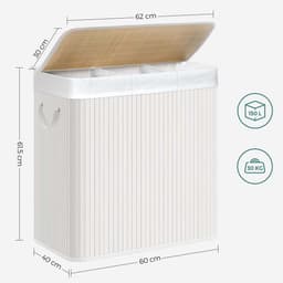 Wasmand Wasgoedmand Opbergmand 60 x 40 x 61,5 cm Wit 150L grote capaciteit met drie vakken en afneembare wasbare binnenzak deksel en handgrepen opvouwbaar en ruimtebesparend geschikt voor wasruimte slaapkamer en badkamer — thumbnail 2