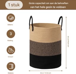 Lemonmax Ronde wasmand opbergmand - Gevlochten speelgoedmand met handvatten 58 L - Voor kinderkamer slaapkamer woonkamer - 38x50 cm - Zwart Bruin — thumbnail 2