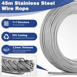 SnelShoppen - 45 m Draadkabel Roestvrij Staal 2,5 mm - PVC Staalkabel, Spandraad met Oogjes, Spanslot voor Waslijn, String Light Suspension, Tuin, Fee — thumbnail 4