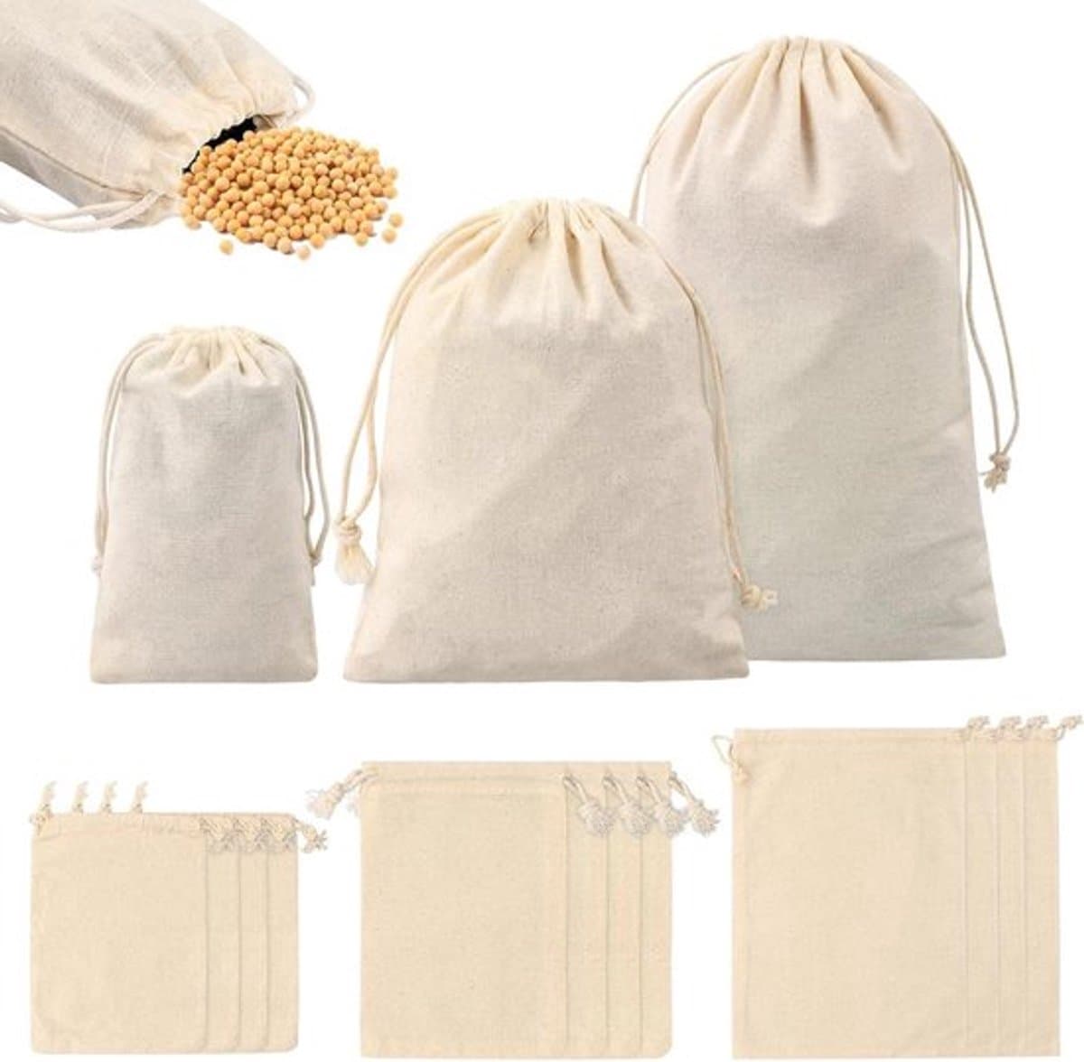 Natuurlijke katoenen zakjes met trekkoord - Sieraden cadeau - Beige - Set van 12 — afbeelding 1