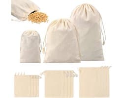 Natuurlijke katoenen zakjes met trekkoord - Sieraden cadeau - Beige - Set van 12
