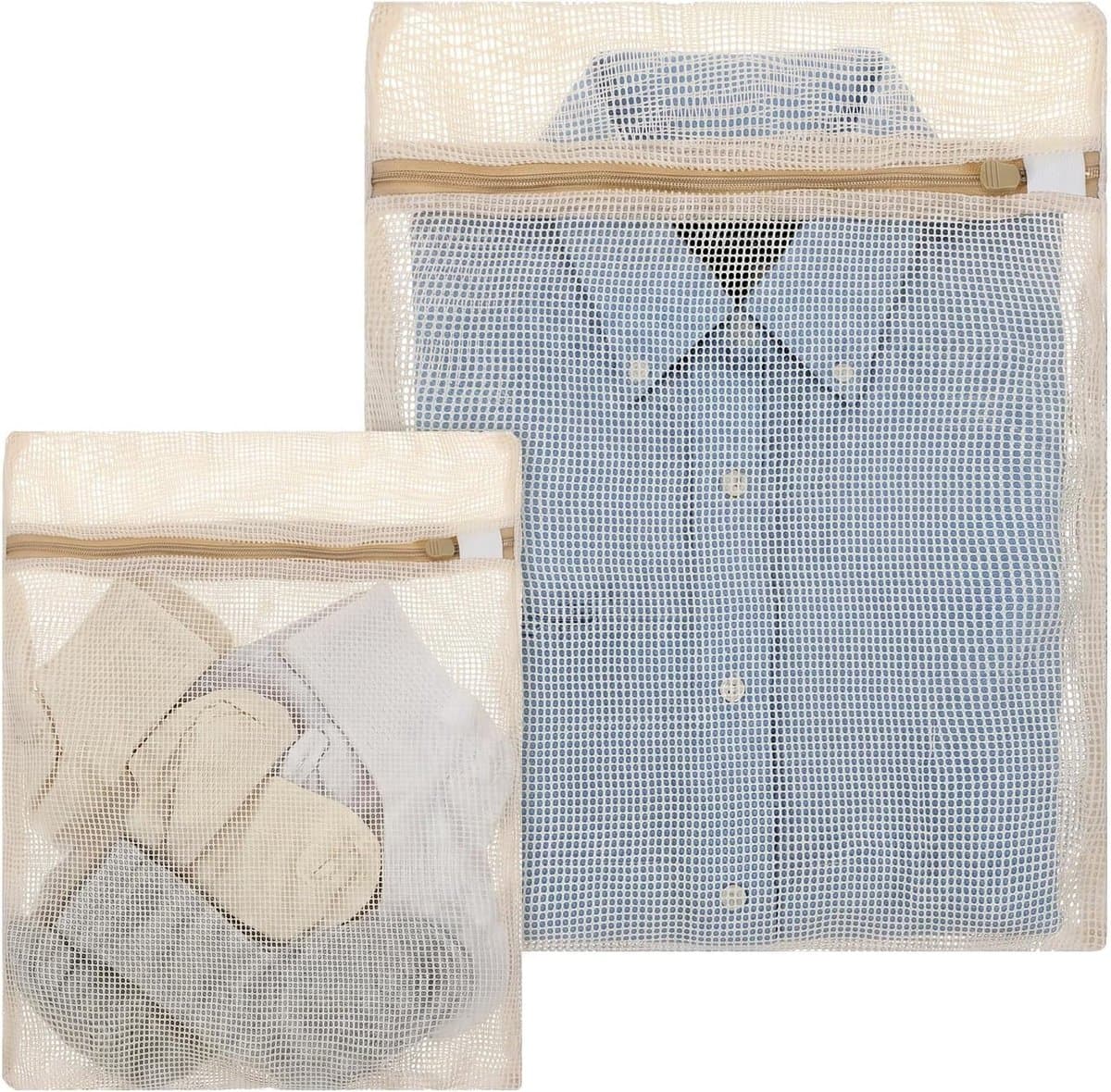 Set van 2 Katoenen Wasnetten voor Delicate Kleding, Ademend Met Rits voor Ondergoed, Sokken en Kledingstukken - 15,75×12 cm en 7,87×12 cm — afbeelding 1