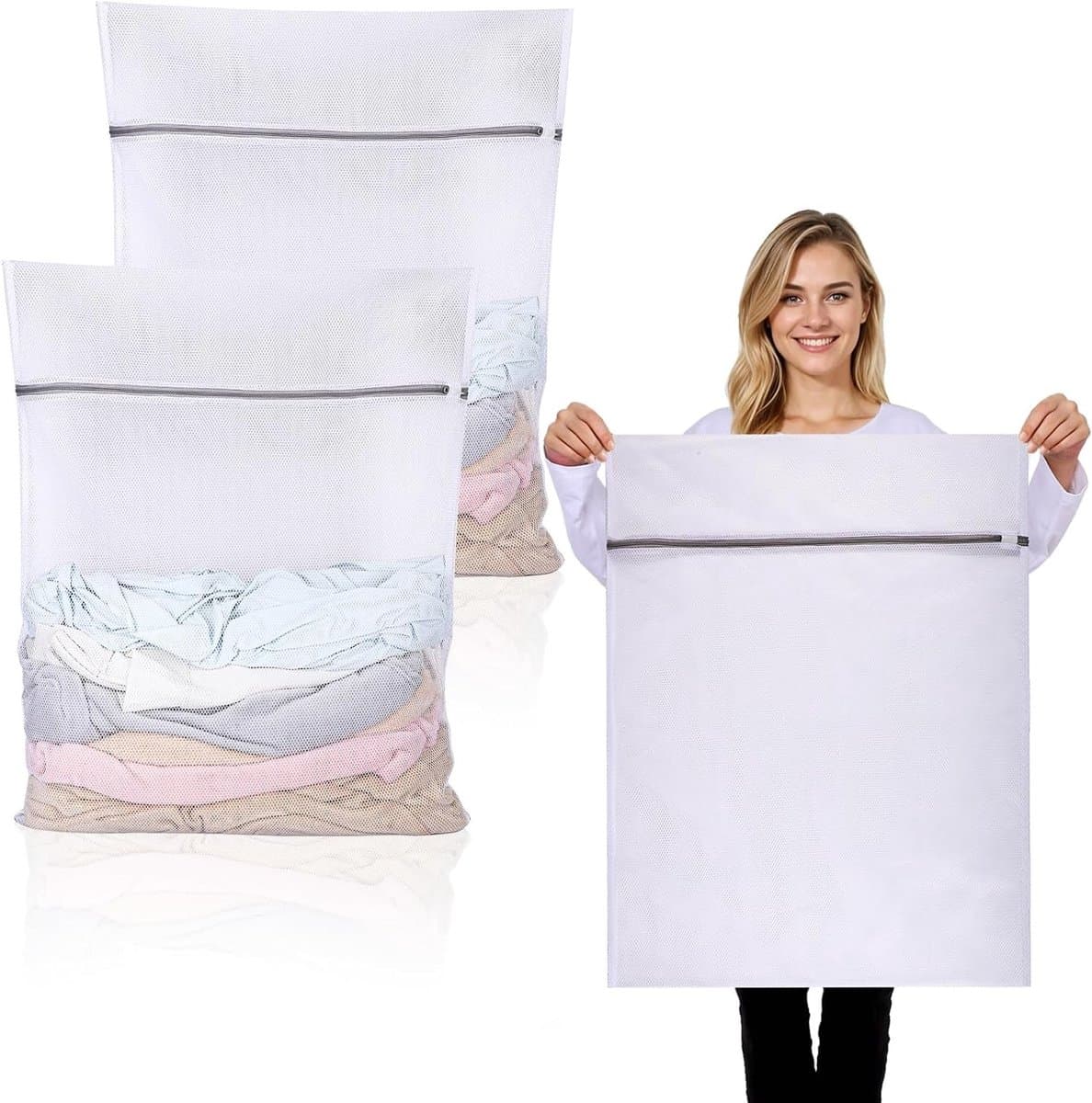 2 Stuks Wasnet Groot, 60x80cm Herbruikbaar Waszak voor Wasmachine met Rits voor Kleding, Shirts, Truien en Broeken (XXL, Wit) — afbeelding 1