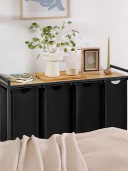 MMM® Wasmand 4 Vakken - Wasbox - Wassorteerder - met Plank in Bamboe-Look - met Metalen Frame in Zwart - Zwart — thumbnail 5