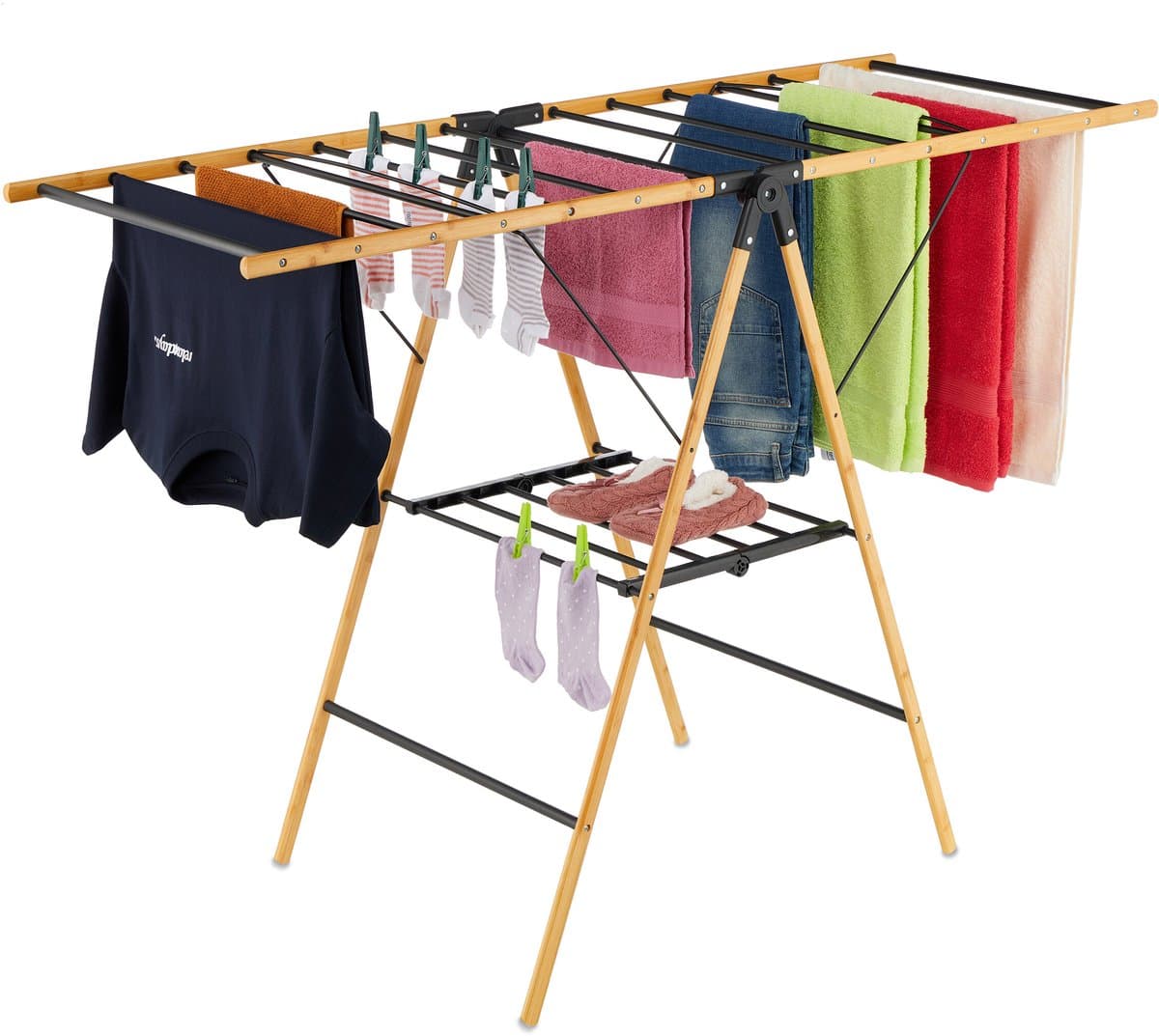 Wasrek inklapbaar - 100x148x56 cm - inklapbaar - staand - bamboe - zwart — afbeelding 1