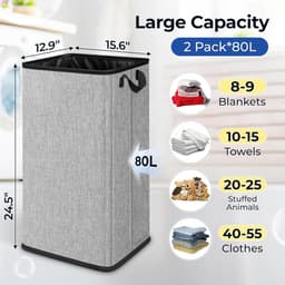SNIGJAT Grote Wasmand 80L – Hoge Opvouwbare Wasmand met Stevige Handvatten, Rechthoekige Wasmand voor Slaapkamer, College, Studentenkamer, Handdoeken, Speelgoed – Grijs — thumbnail 2