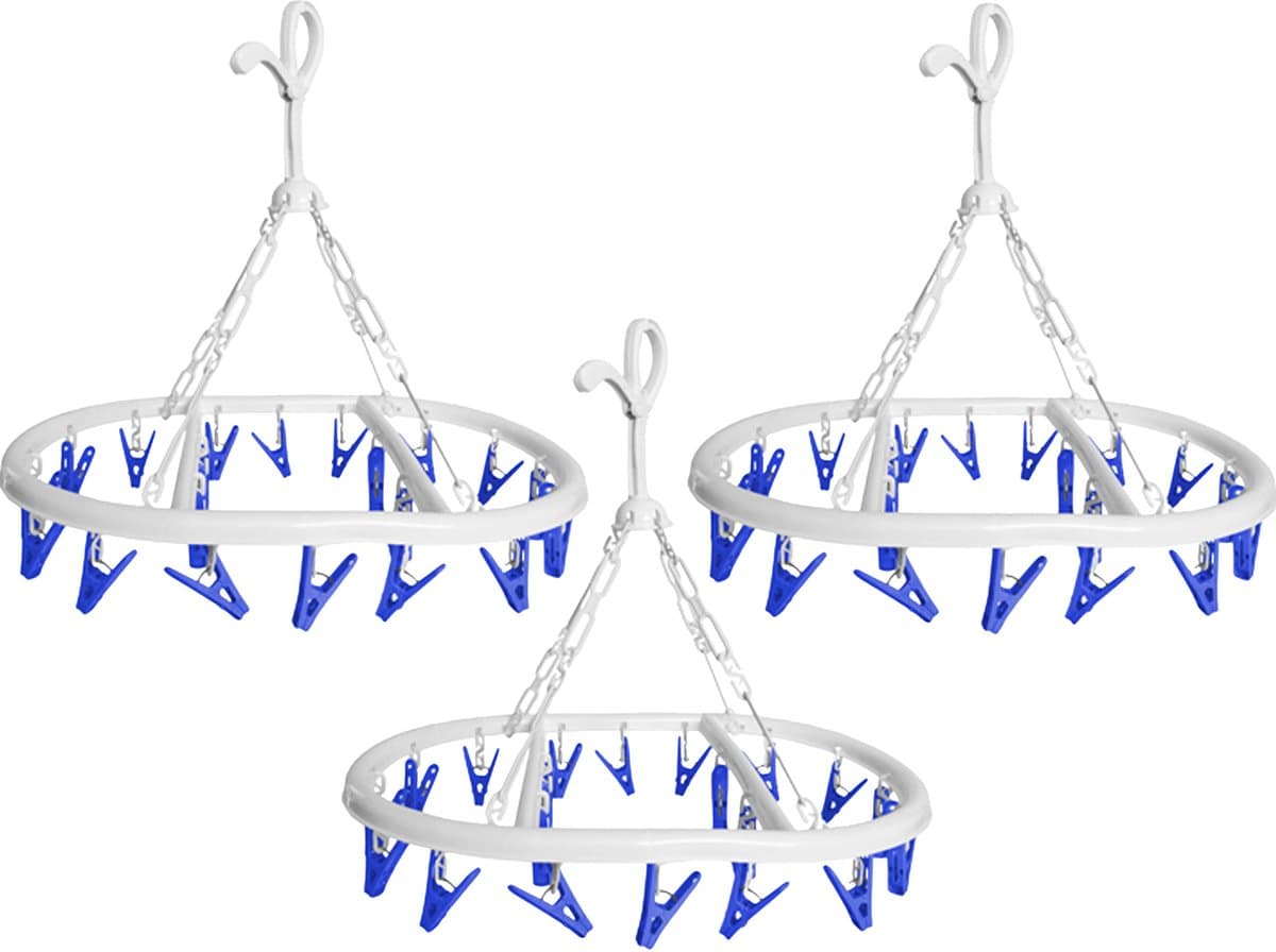 CM Wasgoed droogcarrousel/droogmolen - 3x - 20 clips/knijpers - wit/blauw - kunststof - 29 x 42 cm — afbeelding 1