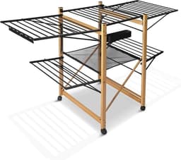 Wasrek Uitschuifbaar Droogrek Staand Droogrek - Roestvrij Staal - Vleugelwasdroger - Wielen - Drooglengte 30 m - Ruimtebesparend - Inklapbaar - 180 x 105 x 61 cm - Hout Imitatie Zwart — thumbnail 2
