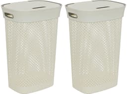 5Five Wasmand met deksel Rotan - 2x - wit - gevlochten kunststof - 60 liter - 42 x 33 x 61 cm - Badkamer accessoires — thumbnail 1