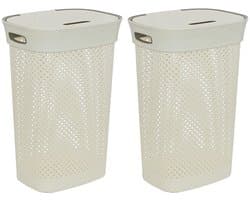 5Five Wasmand met deksel Rotan - 2x - wit - gevlochten kunststof - 60 liter - 42 x 33 x 61 cm - Badkamer accessoires