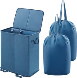 Dubbele wasmand met deksel en uitneembare waszakken, gedeelde wasmand met handgrepen, grote aparte wasmand voor slaapkamer, badkamer, wasmand — thumbnail 1